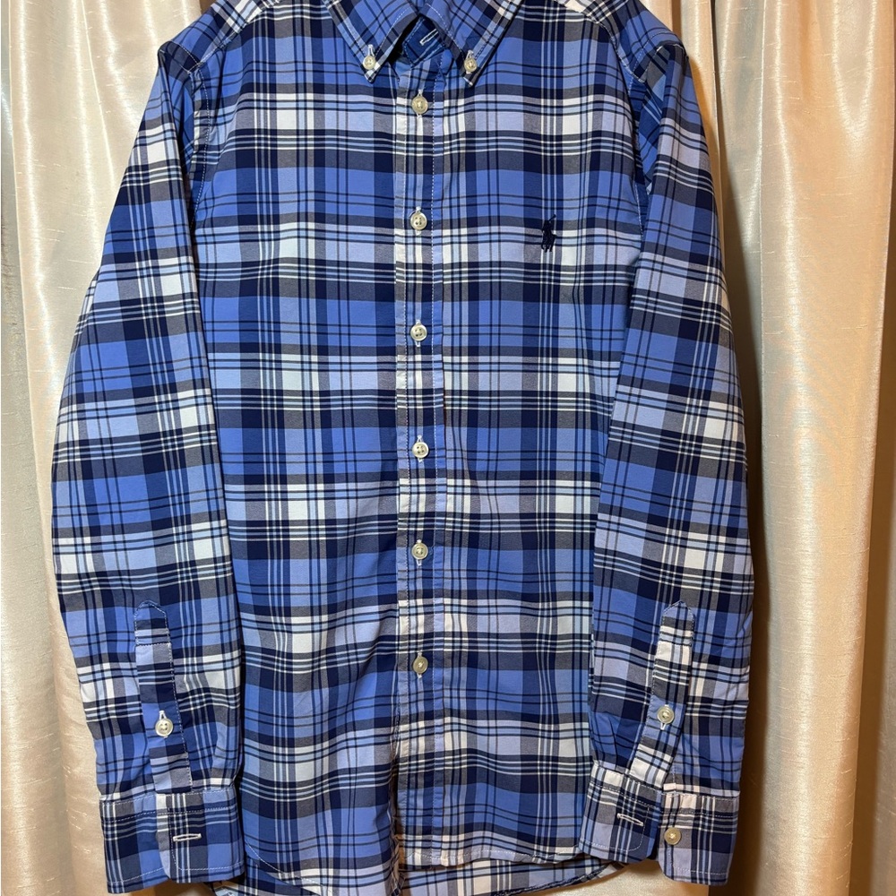 Ralph Lauren Blue and White Plaid Performance Button Down Shirt, medium (10-12),